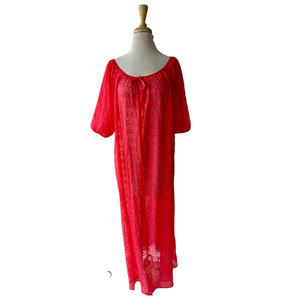 Vtg 60s Red Lace Robe Sz L Union Made Puff Sleeve Lounge 1950s Budoir MOd